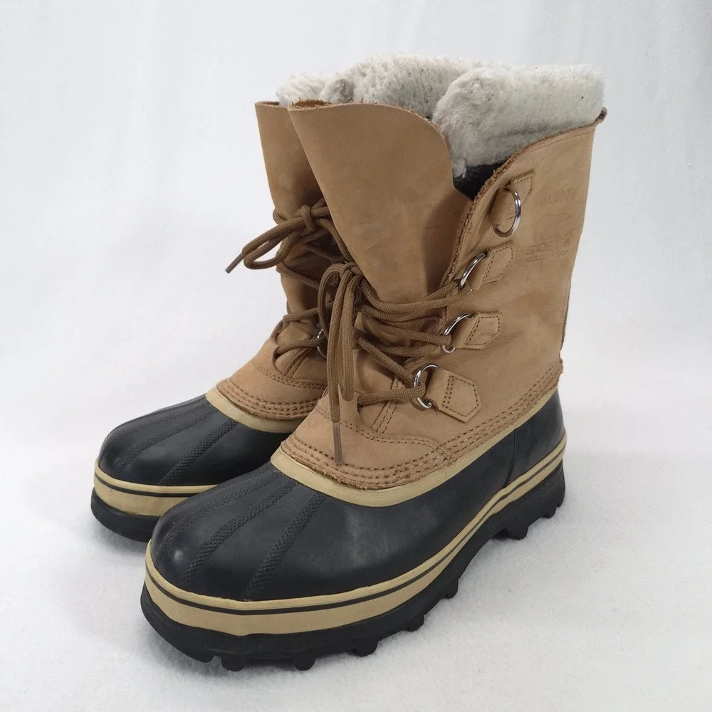 Sorel Caribou Tan Black Leather Waterproof Winter Snow Boots Lace Up Size 8